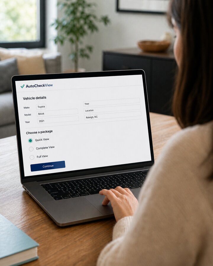 Customer entering vehicle details and choosing a Quick View, Complete View, or Full View package