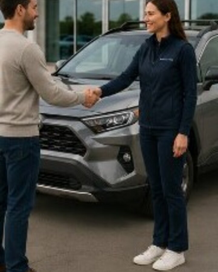 Field specialist meeting a seller beside a vehicle at a dealership