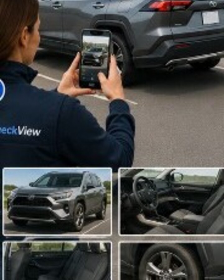 Field specialist photographing a vehicle and capturing visible-detail photos