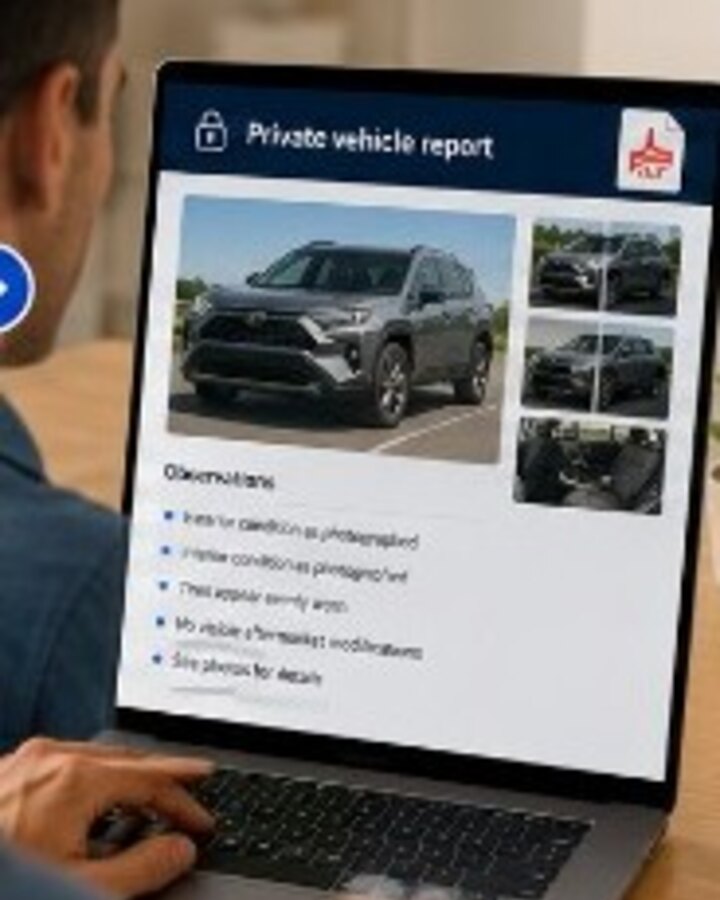 Customer reviewing a private AutoCheckView photo documentation report on a laptop